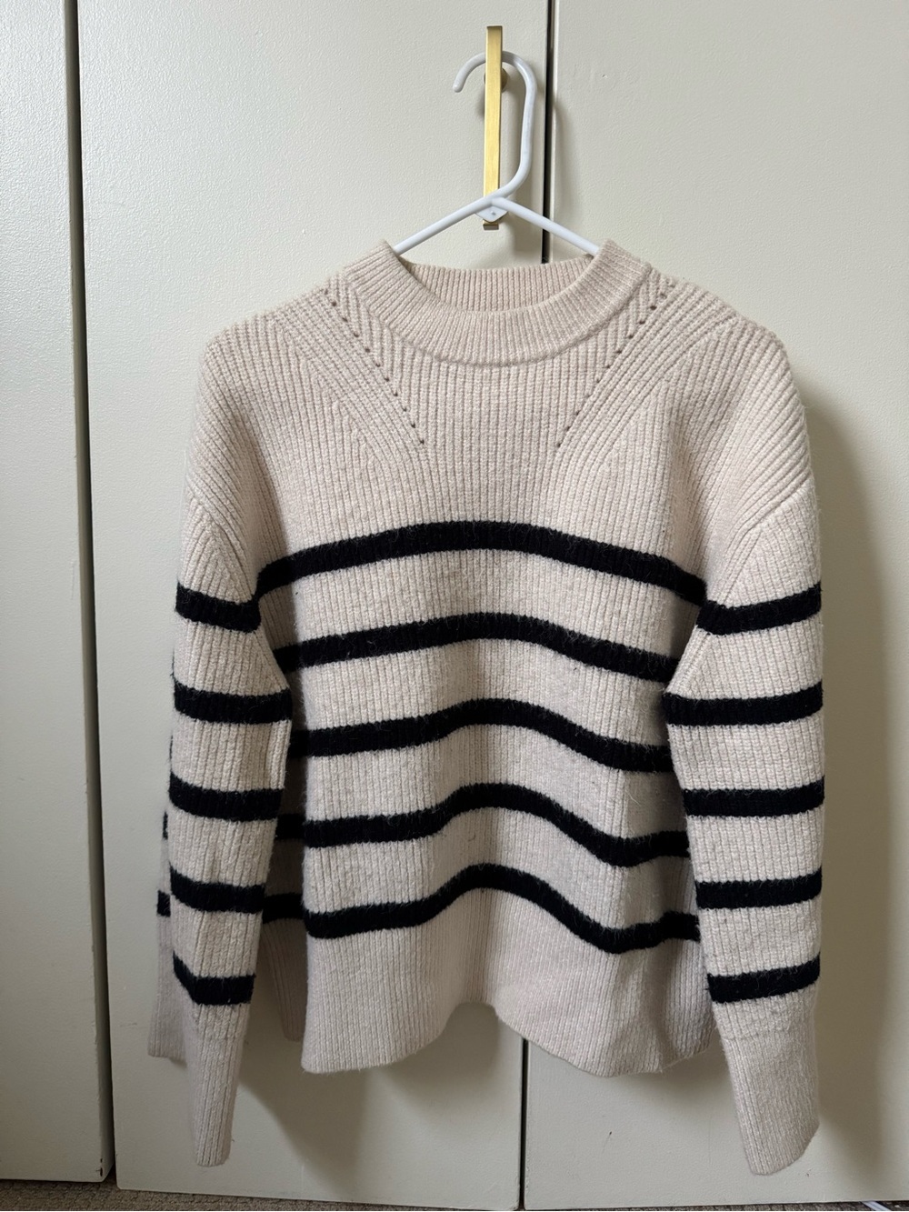 Zara Cream and Black Striped Crewneck Sweater